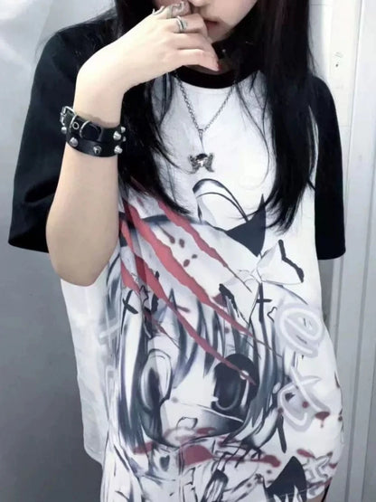 Y2K Gothic Anime Print Tee - Harajuku Grunge Fairy