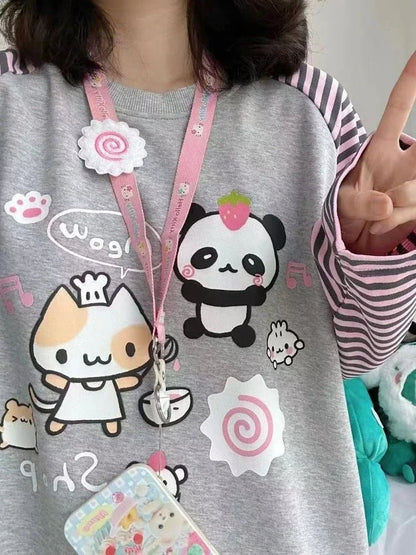 Y2K Kawaii Striped Hoodie - Harajuku Patchwork Cartoon