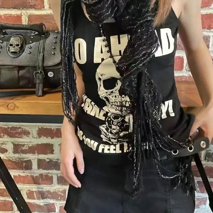 Y2K Punk Skull Rose Vest - Grunge Sleeveless Black Tee