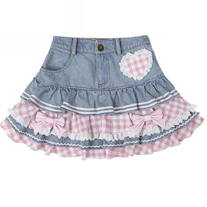 Y2K Kawaii Lolita Denim Skirt - High Waist Lace Harajuku