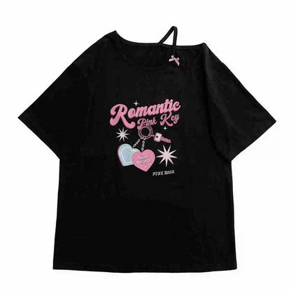 Y2K Kawaii Off Shoulder T-shirt - Harajuku Cute Graphic Tee