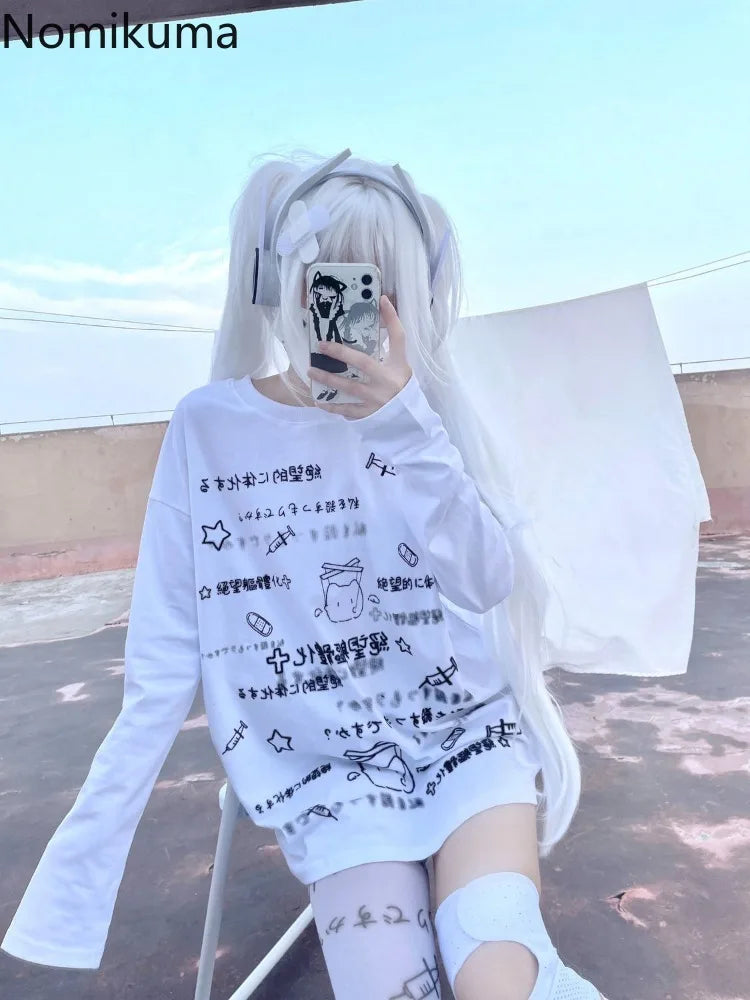 Y2K Anime Print Long Sleeve Tee - Japanese Cute Oversized