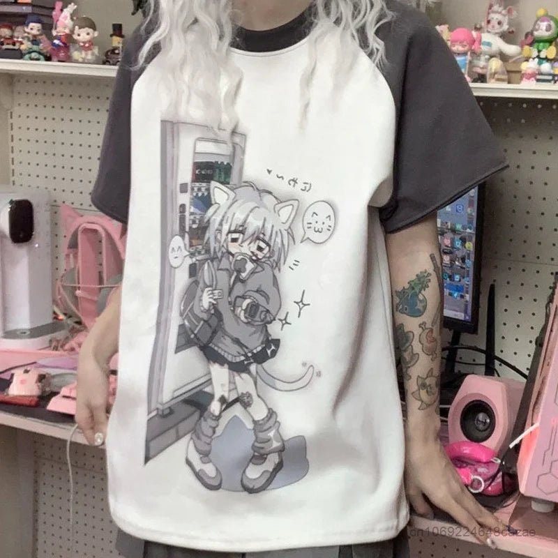 Y2K Kawaii Detachable Sleeve Tee - Anime Cat Print Harajuku